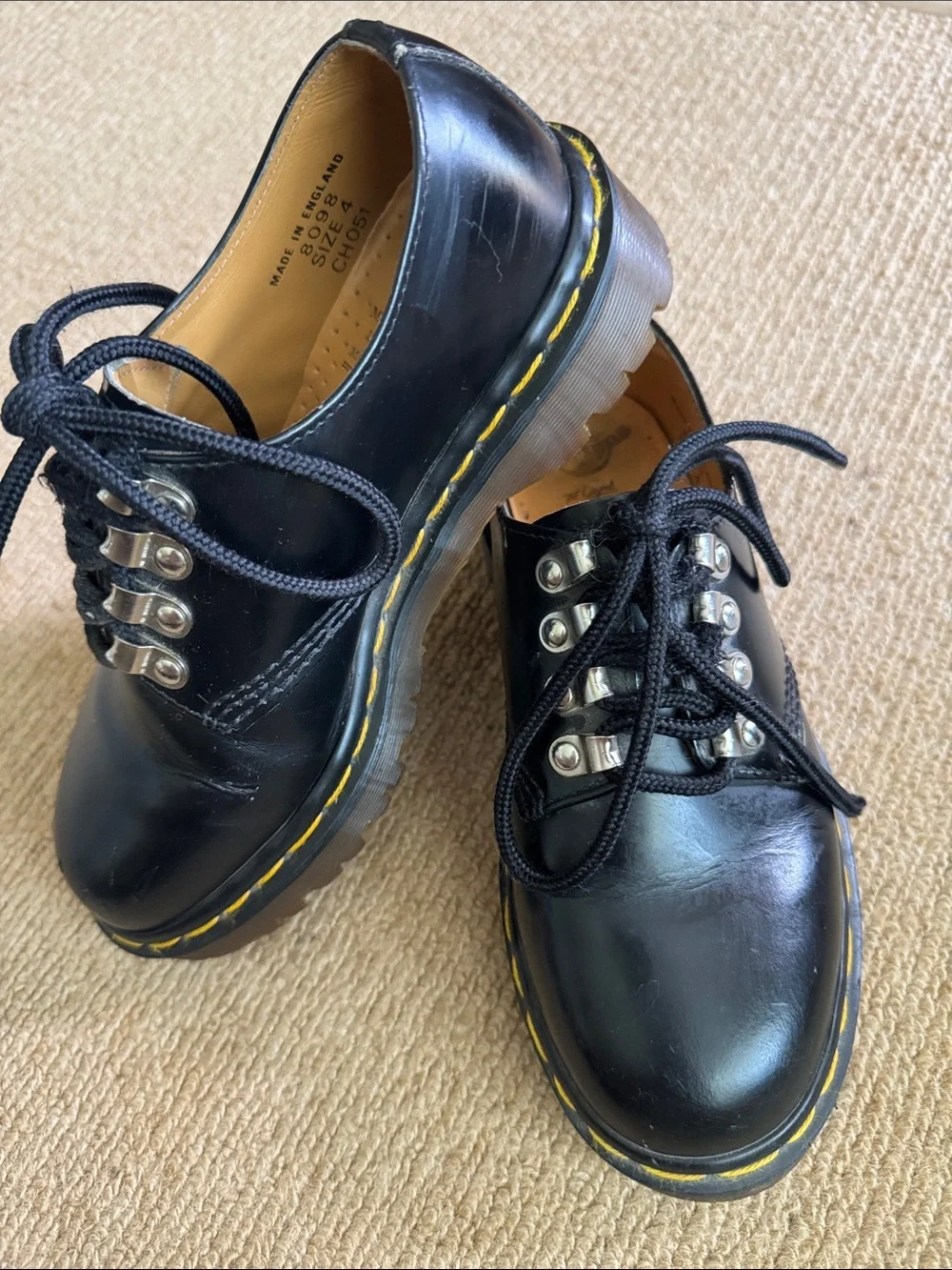 Dr. Martens Black Leather Derby Shoes with Yellow Stitching